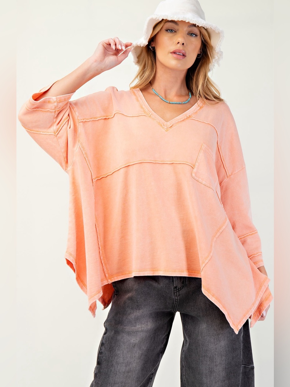 easel Coral Washed Oversized V-Neck Tunic Top